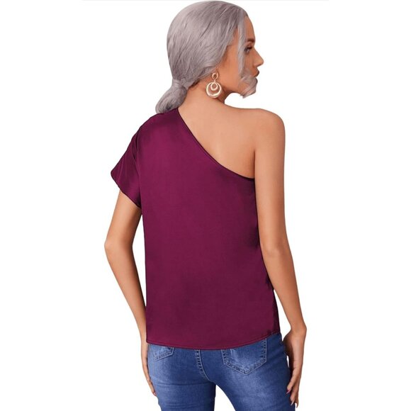 🌸3/$15🌸Maroon Satin Light Weight One Shoulder Blouse Medium - Picture 2 of 5